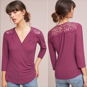 Maeve Purple Faux Wrap Lace Top Womens